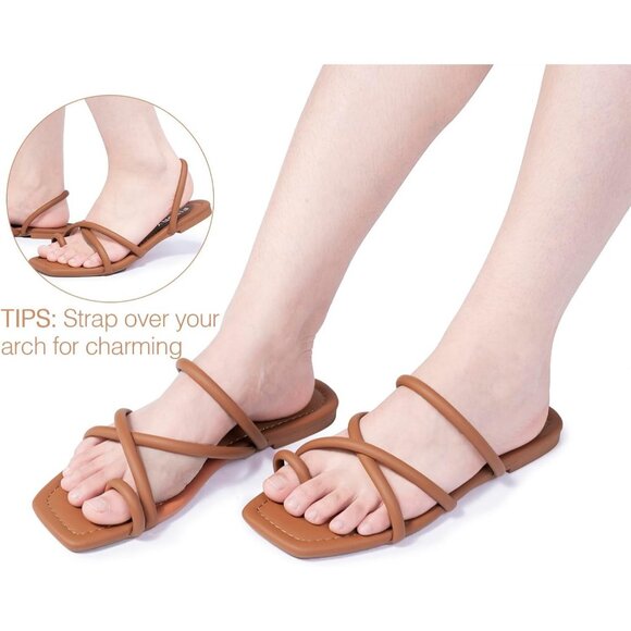 Women's All Brown Soft Flat Toe Ring Style Thongs Cross Strap Slide Sandal Shoes - Picture 4 of 5